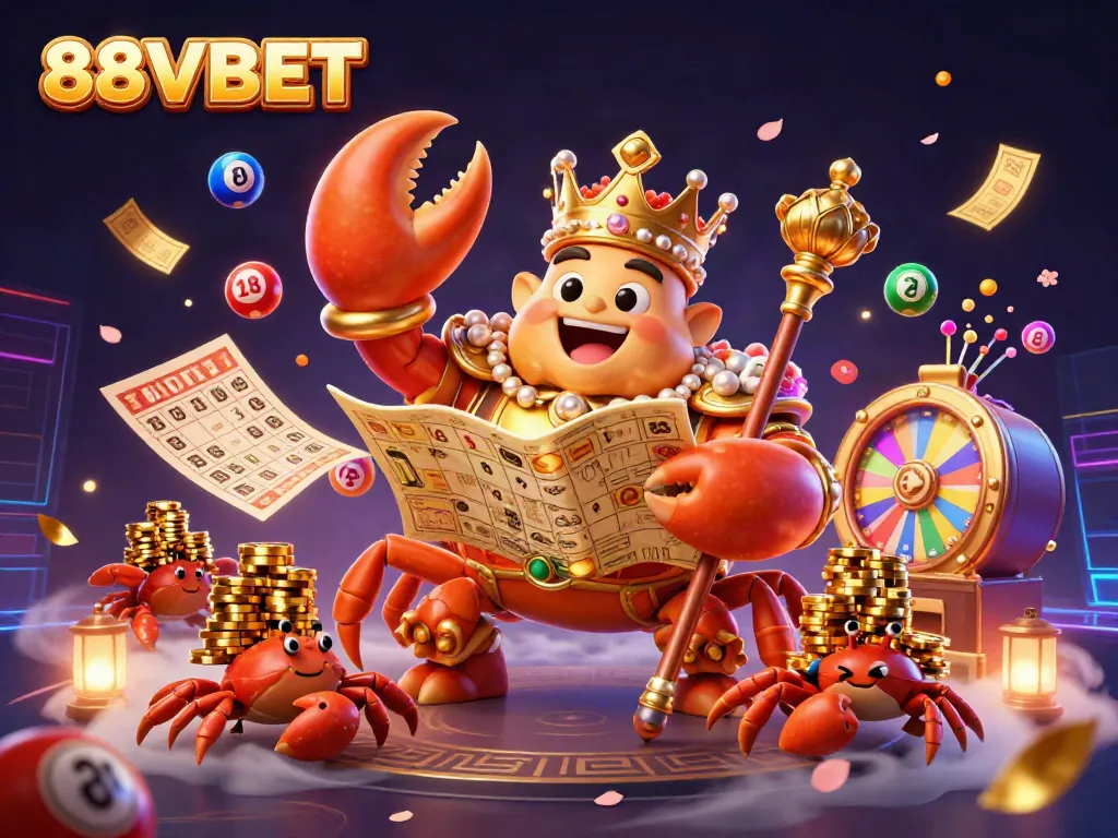 Experience excitement with 88VBET's vibrant gaming scene featuring a coral-crowned crab emperor and treasure