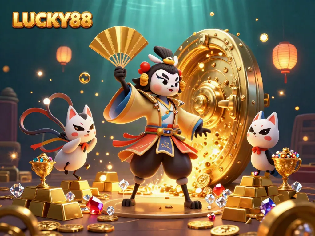 Experience the thrill of LUCKY88 with vibrant 3D casino elements, golden treasures, and lively characters.