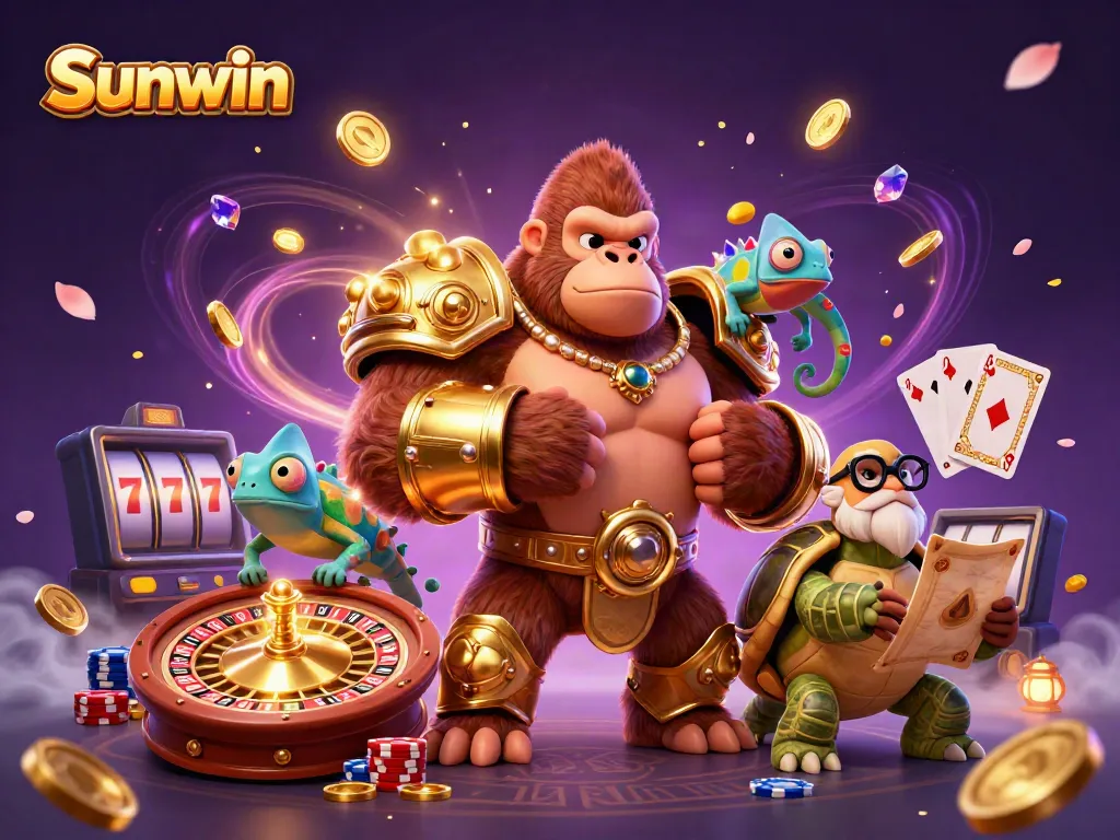 Experience epic gambling adventures with Sunwin's vibrant 3D illustration showcasing classic casino elements.