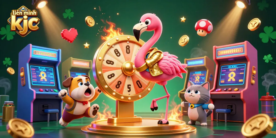 Engaging scene of a dynamic game show with a flamingo and bulldog, highlighting liên minh kjc gaming excitement.