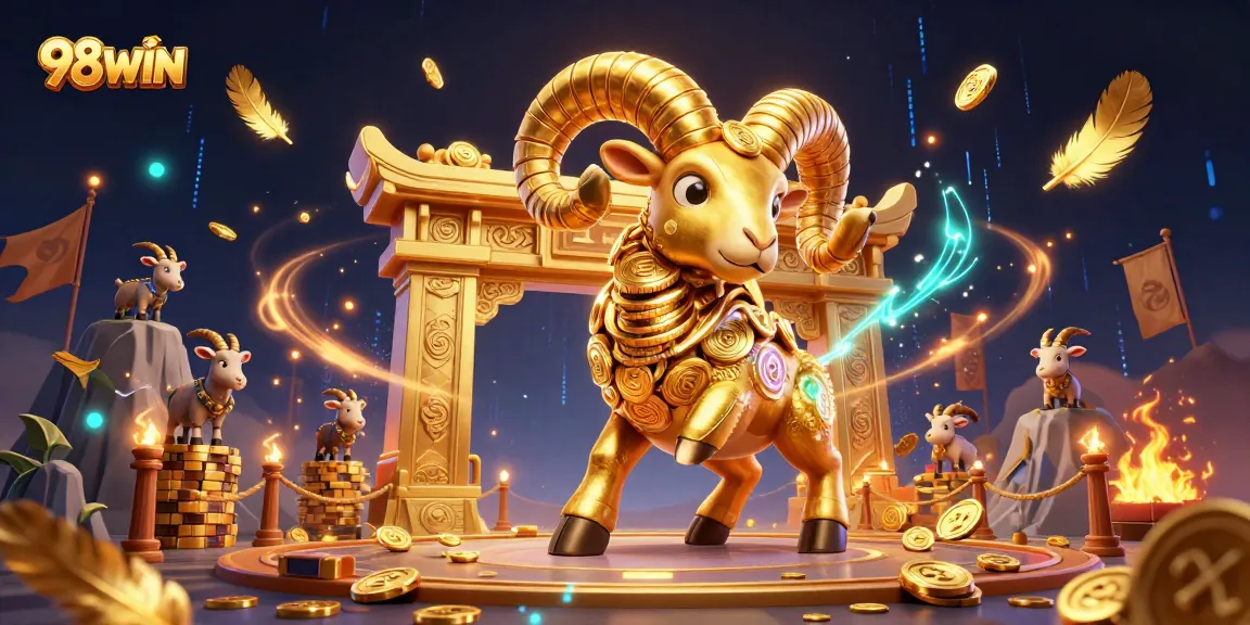 Experience 98WIN with a dynamic scene of a golden ram charging through a casino gateway.