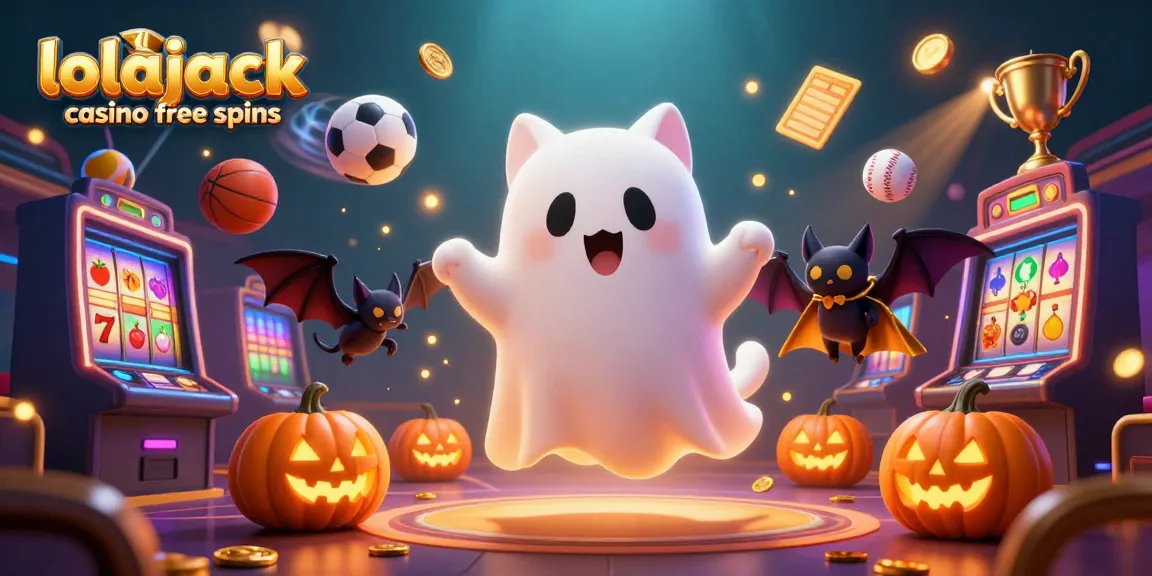 Experience thrilling gaming with lolajack casino free spins, floating ghost cat and vampire bat amidst dynamic slots and sports elements.