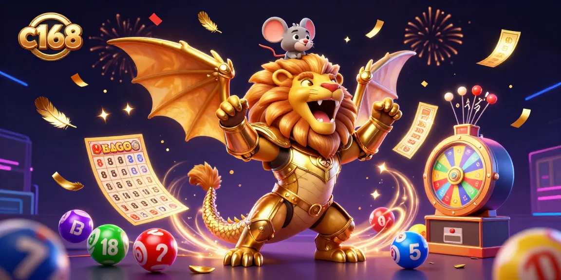 Experience thrilling wins at c168, illustrated with a striking chimera creature amidst colorful gambling elements.