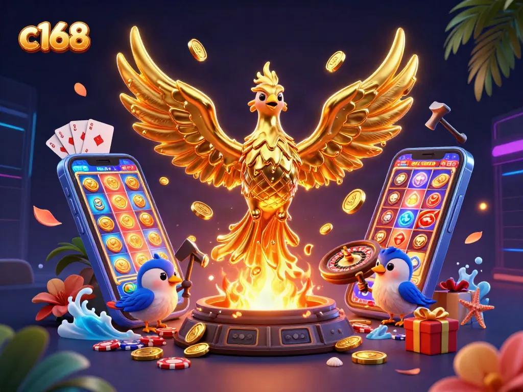 Experience the thrill of c168 with a dynamic golden phoenix amidst vibrant casino graphics.