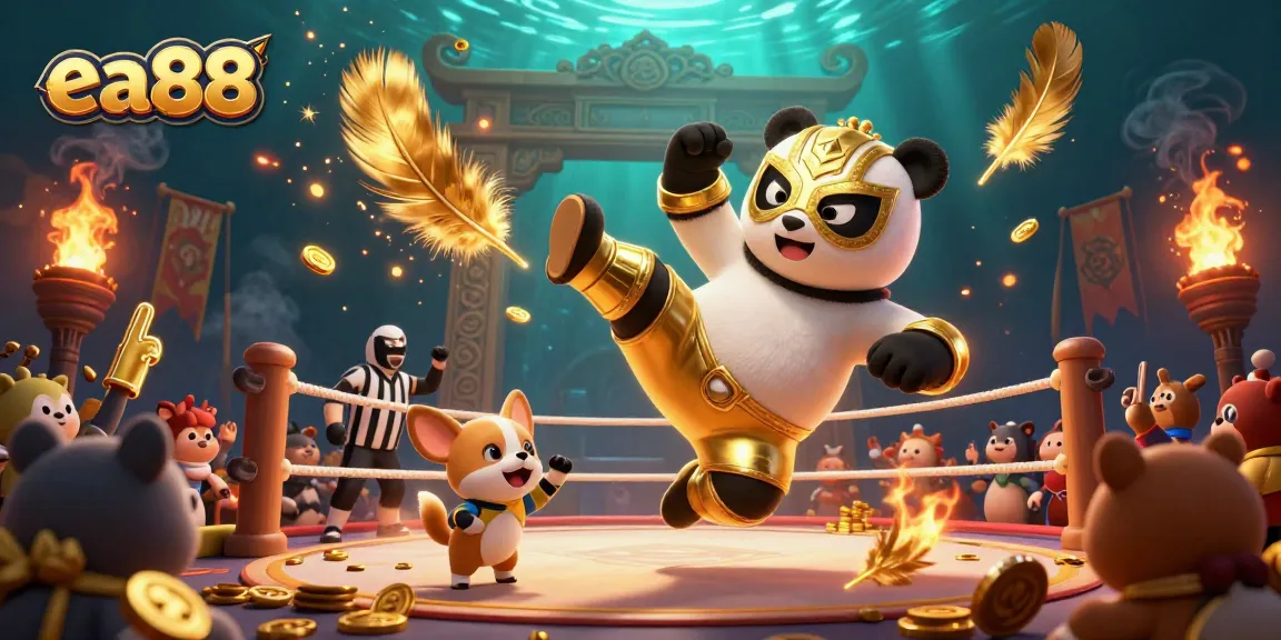ea88 inspires excitement with a panda wrestler flying kick in a lively casino illustration