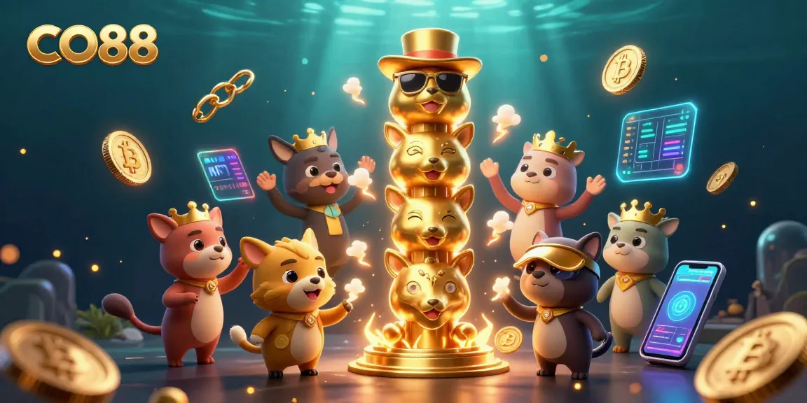 Engage with CO88 as cartoon totem characters embody casino fun surrounded by crypto elements.