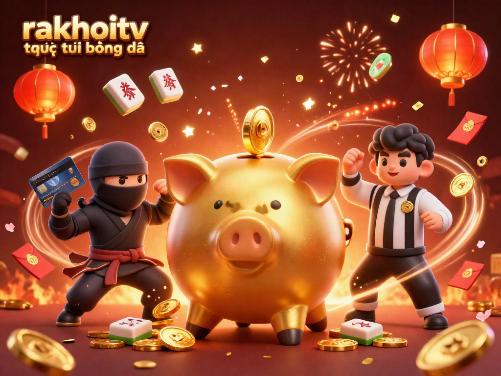 Enjoy rakhoitv trực tiếp bóng đá with a lively 3D casino illustration showcasing dynamic gambling characters.