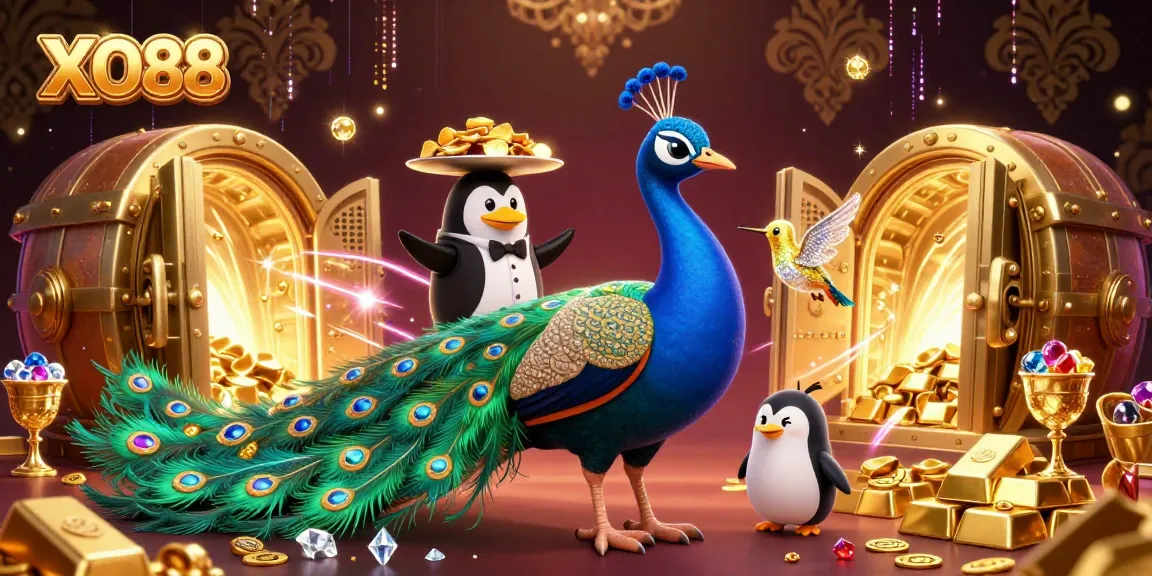 Experience the thrill of XO88 with a vibrant 3D casino illustration featuring animated characters and golden treasures.