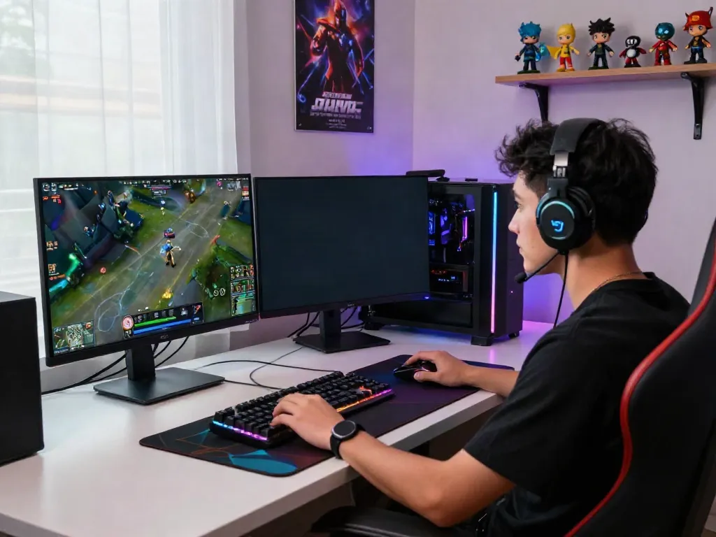 Immersive gaming setup shown at hexbloom.net, featuring dual monitors and vibrant RGB lighting.
