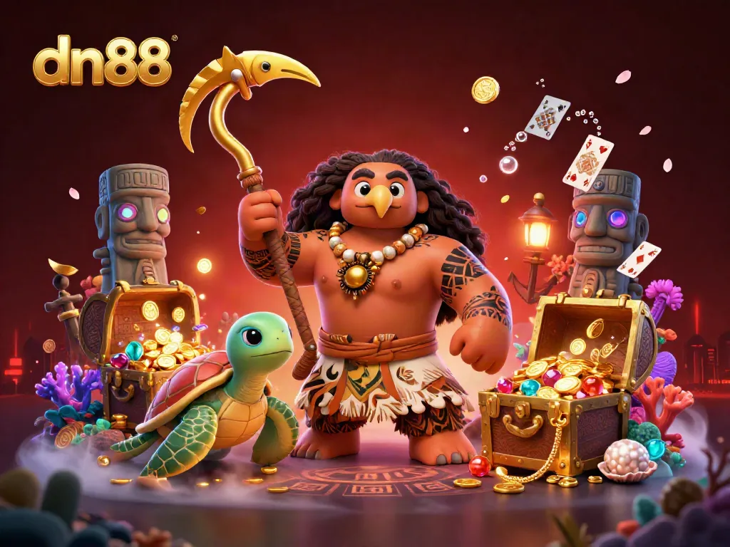 Experience thrilling gameplay at dn88 with an enchanting 3D illustration of a demigod and treasures.