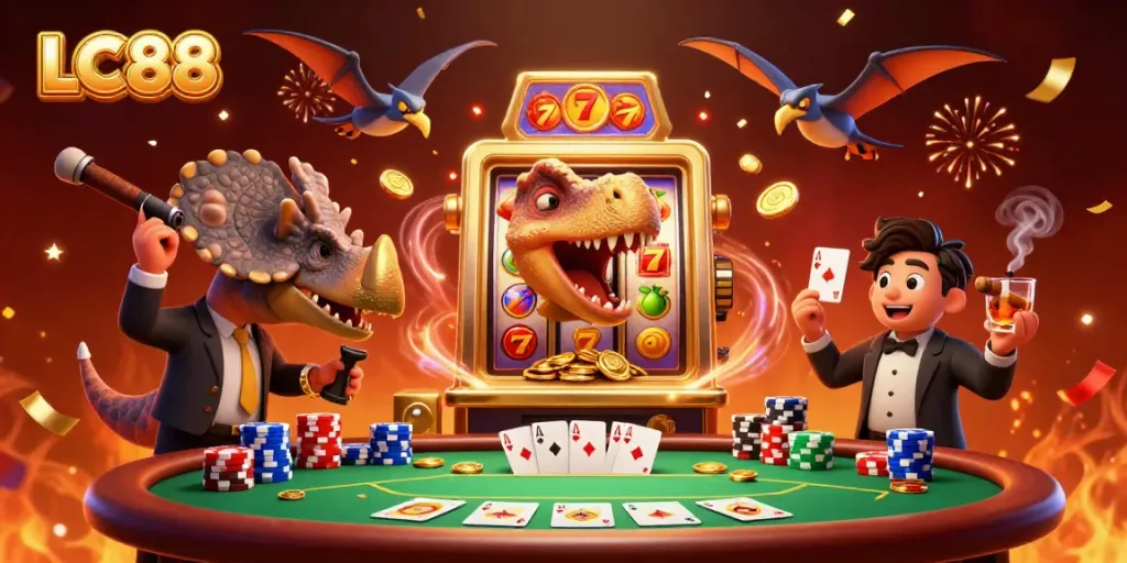 Watch LC88 characters celebrate a slot machine jackpot in a colorful casino scene, showcasing excitement and winnings.