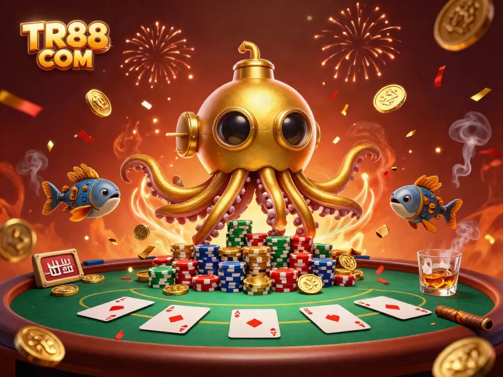 Experience the thrill of winning at TR88 COM with an energetic 3D casino illustration showcasing poker elements and a golden kraken.