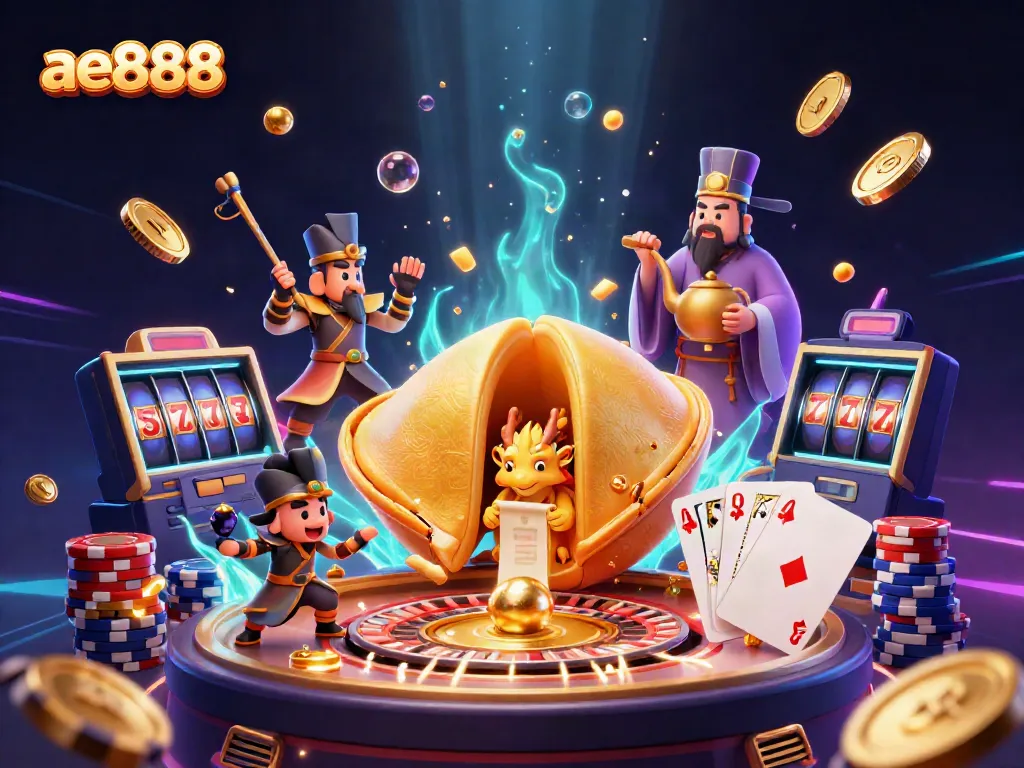 Experience the thrill of ae888 gaming with vibrant casino elements, featuring a wise dragon and treasure.