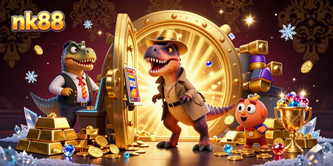 Experience the excitement of nk88 with a velociraptor at a slot machine, surrounded by treasures.