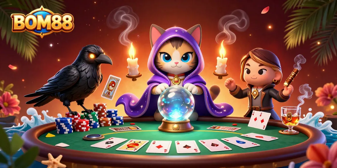 BOM88 showcases a vibrant casino scene with mystical characters dealing cards and poker elements.