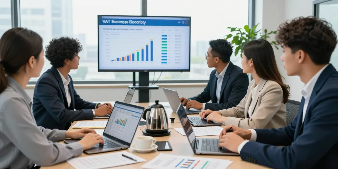 Team discussing vat on business electricity in a modern office setting