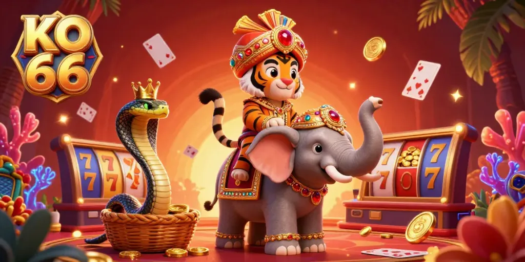 Experience the excitement of KO 66 in this vibrant casino scene filled with colorful slots and treasures.