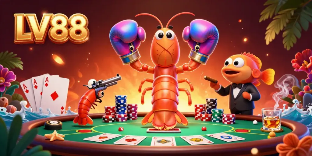 Engage in thrilling poker action with LV88 as 3D mantis shrimp and friends center stage at the vibrant table.