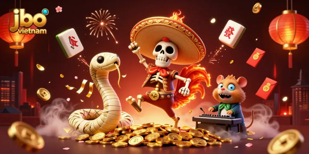 Engage with jbo vietnam in a vibrant 3D casino scene featuring a victorious mariachi rooster on gold coins.
