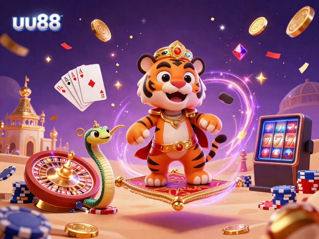 Experience thrilling casino action with uu88 as a 3D tiger sultan and genie snake celebrate on a carpet of poker chips.