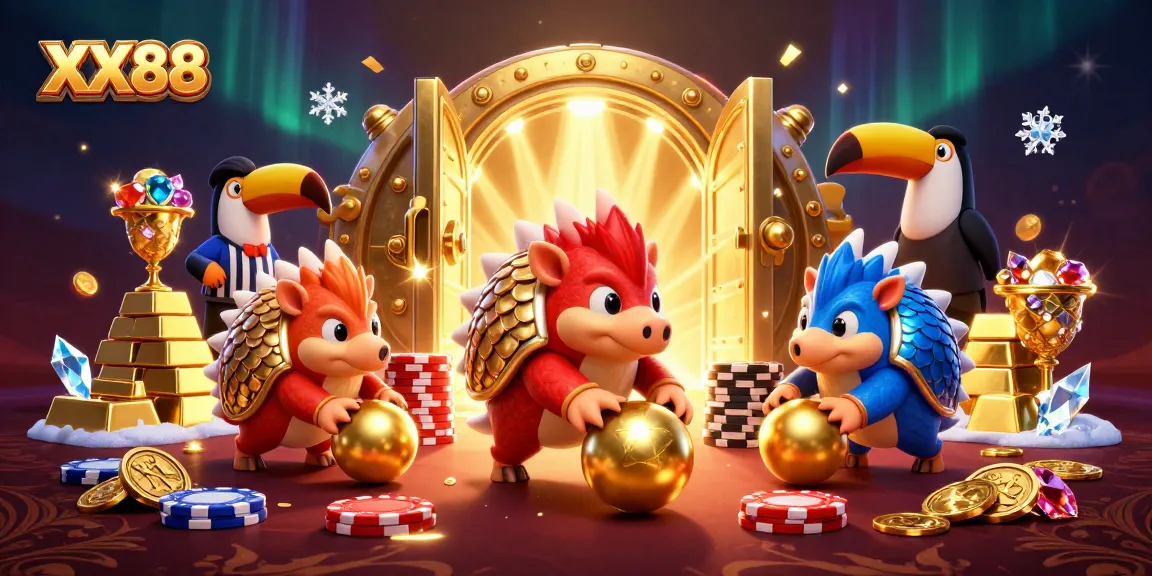 Experience the excitement of XX88 with rival pangolins rolling into golden balls amid dazzling casino treasures.