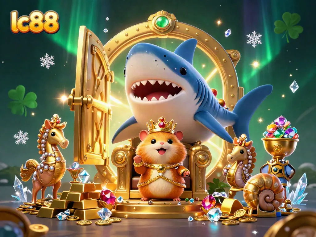 Experience the excitement of lc88's casino world with golden treasures and a royal hamster king scene.