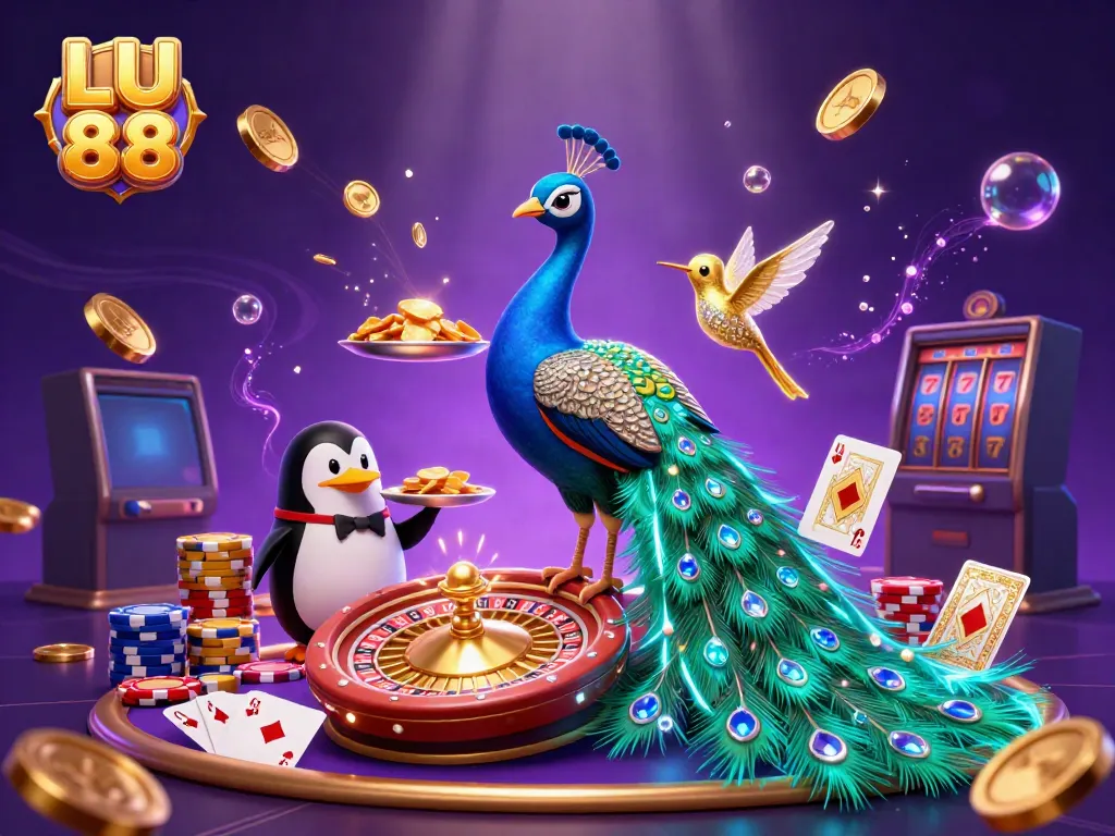 Experience the vibrant gaming world of LU 88 with dazzling casino characters, coins, and dynamic gaming elements.