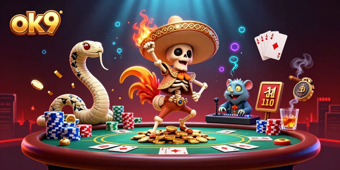 Experience thrilling wins at ok9 with cartoon characters celebrating on a poker table.