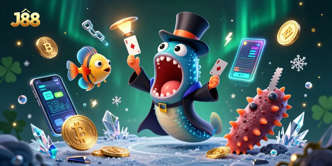 Engage with J88's thrilling magic casino scene featuring vibrant characters and cryptocurrency elements.