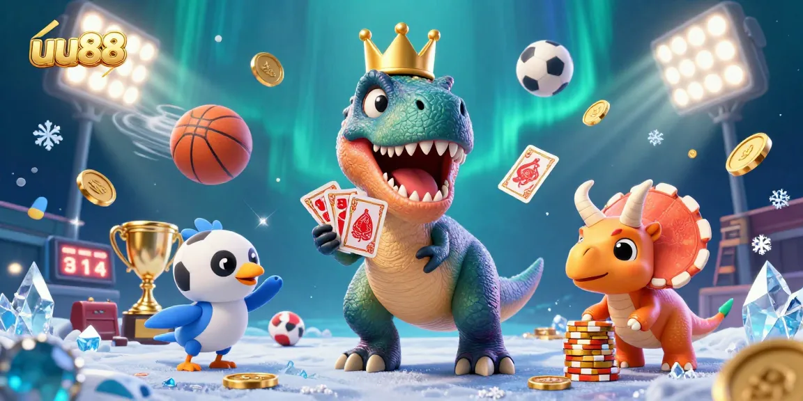 Experience immersive gambling thrills with uu88 in a vibrant 3D cartoon casino scene filled with action.