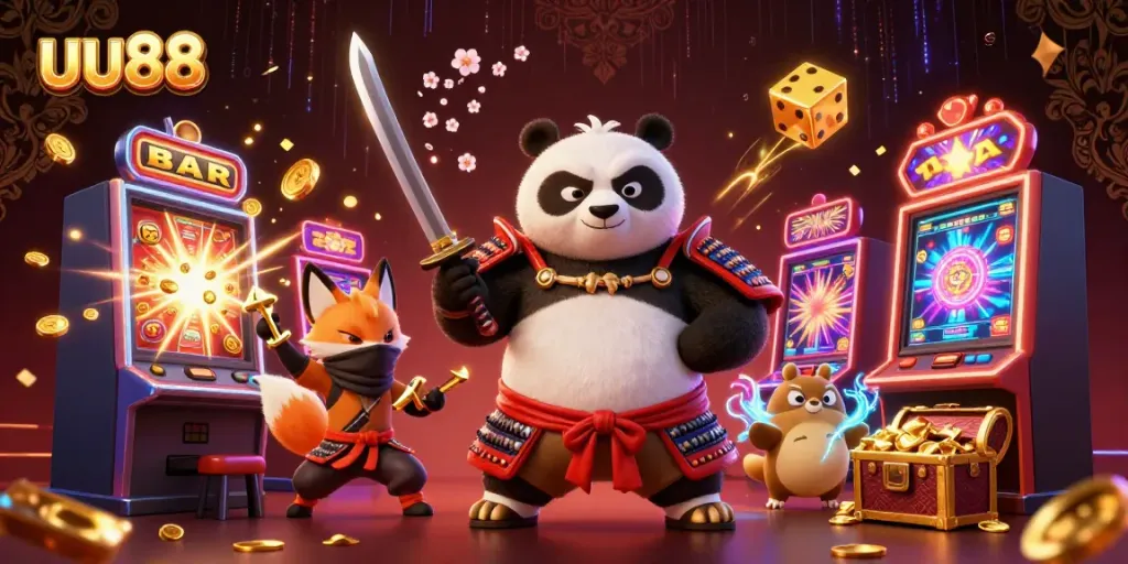 Engage with uu88's vibrant casino world featuring a samurai panda and ninja fox amidst striking gaming elements.