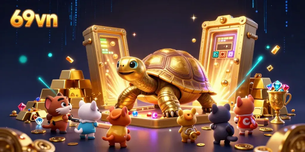 Experience the thrill of 69vn with a vibrant casino scene featuring a golden tortoise and treasure.