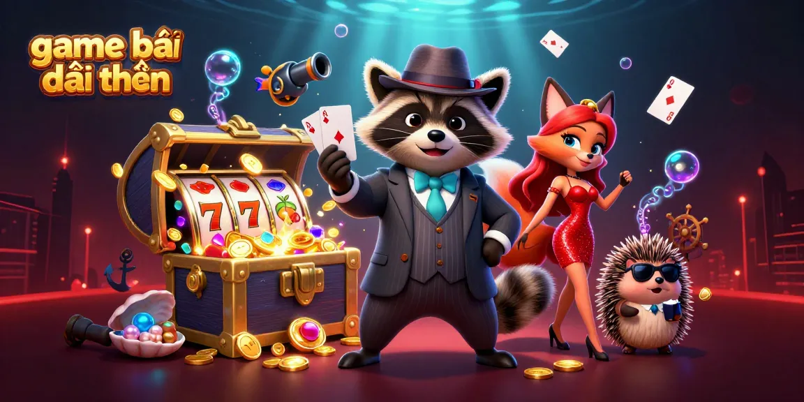 Experience the excitement of game bài đổi thưởng with a raccoon holding a royal flush in a vibrant casino setting.