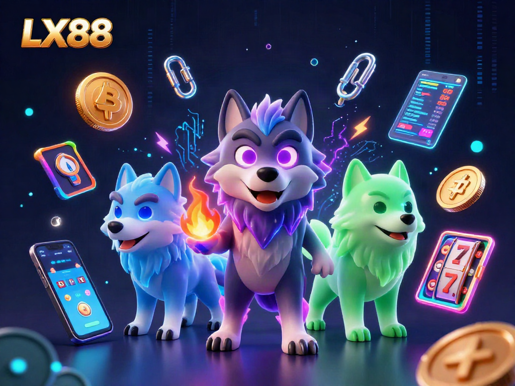 LX88 wolves lead a thrilling casino scene with slot reels, highlighting crypto excitement.