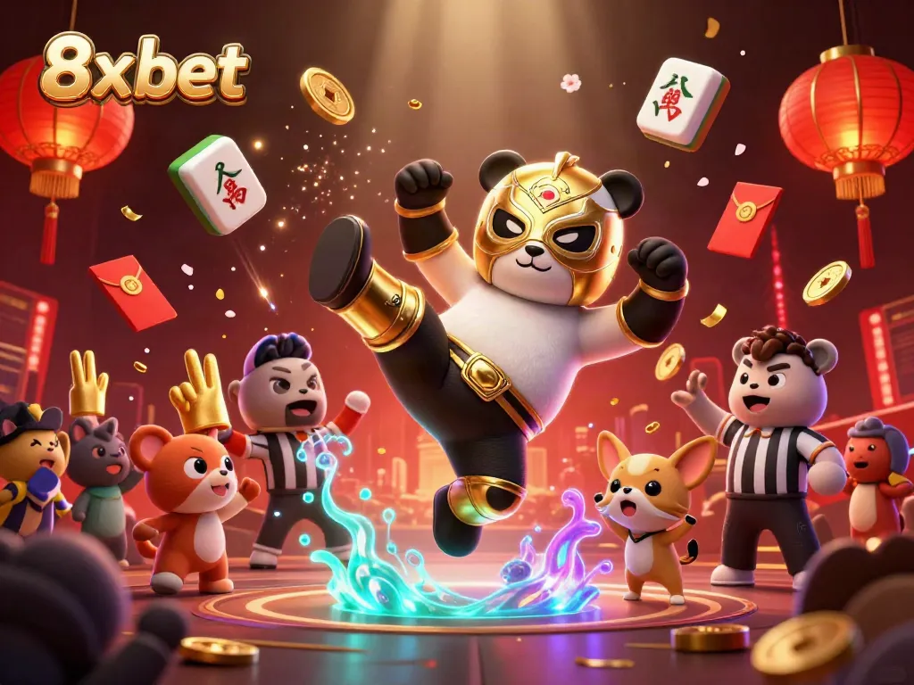 Experience thrilling action at 8x bet with a panda wrestler and vibrant casino symbols