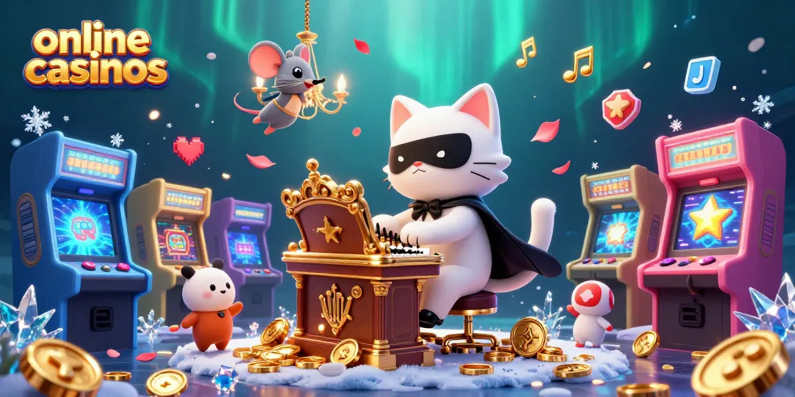 Join online casinos with a phantom cat organist and a mouse acrobat in a vibrant, colorful scene.