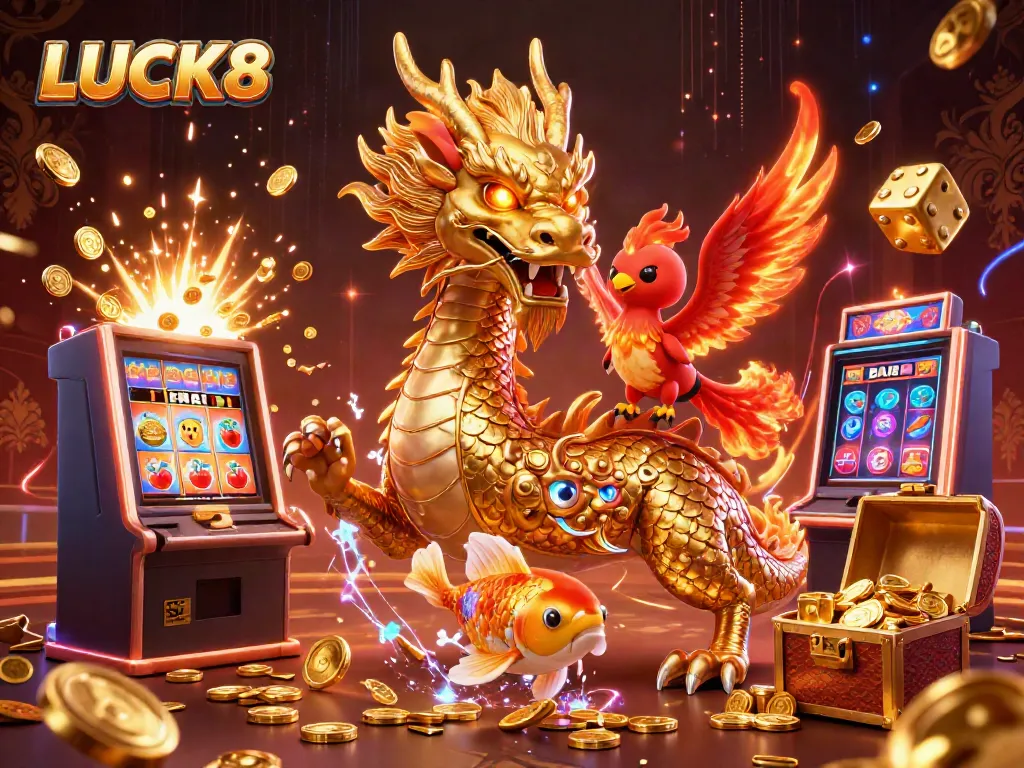 Experience thrilling gaming with LUCK8's vibrant casino scene featuring a golden dragon and phoenix.