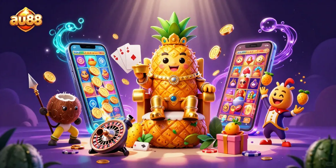 Play games at au88 with the golden pineapple king in a vibrant casino scene filled with excitement.