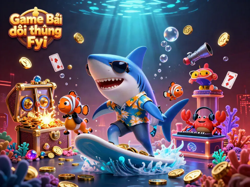 Engage in thrilling gameplay with Game Bài Đổi Thưởng Fyi, featuring vibrant slot machines and dynamic underwater characters.