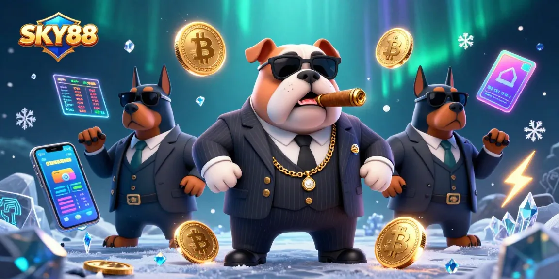 SKY88 promotes exciting gameplay with a mafia boss bulldog and Doberman bodyguards surrounded by crypto elements.