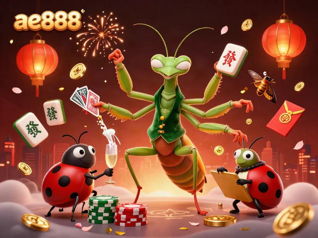 Engage in thrilling action at ae888 with our vibrant cartoon illustration featuring a giant praying mantis dealer and ladybug pit boss.