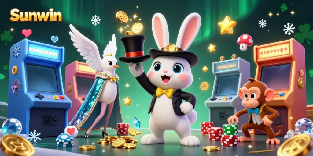 Experience the thrill at Sunwin, showcasing a magician rabbit with coins and colorful gaming elements.