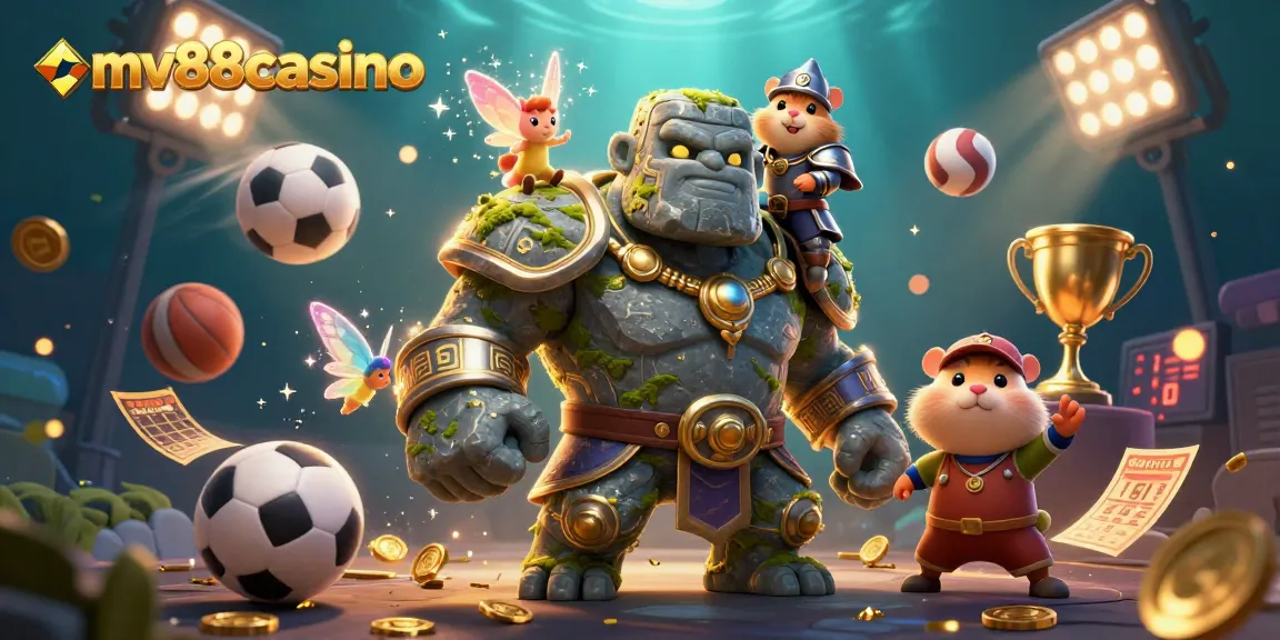 Engaging mv88casino scene with characters surrounded by vibrant gambling elements, showcasing action and excitement.