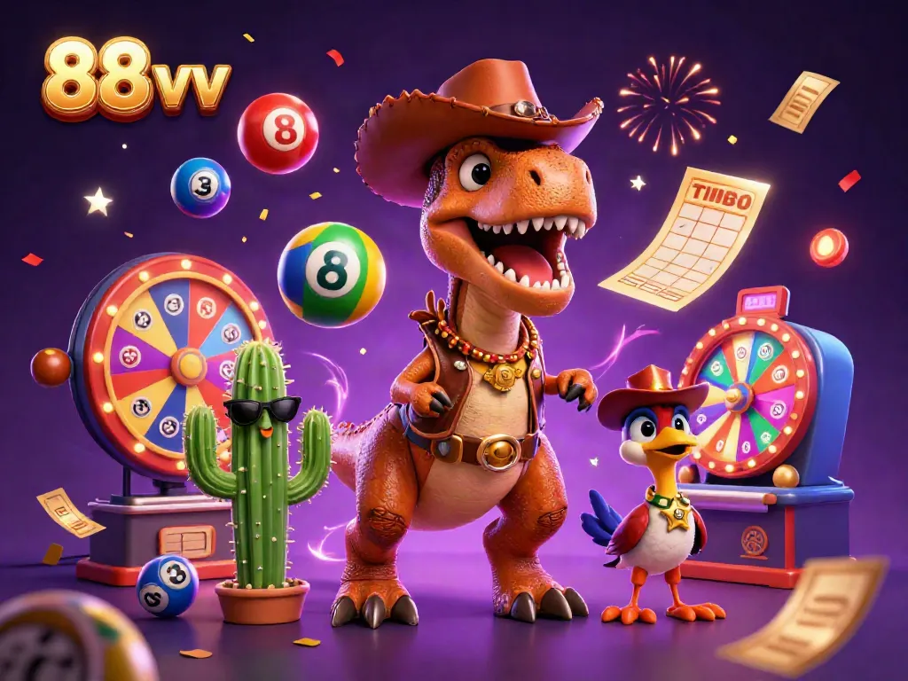 Experience the excitement of 88 vv with a T-Rex, cactus, and roadrunner in a vibrant casino scene.