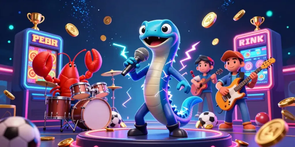 Xóc đĩa 789club showcases vibrant casino energy with a DJ eel, scores of coins, and lively characters.