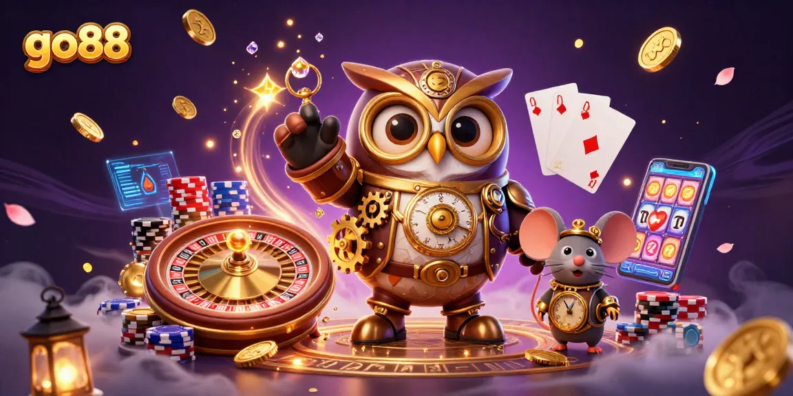 Experience the excitement at go88 with a fantasy casino scene featuring vibrant games and characters.