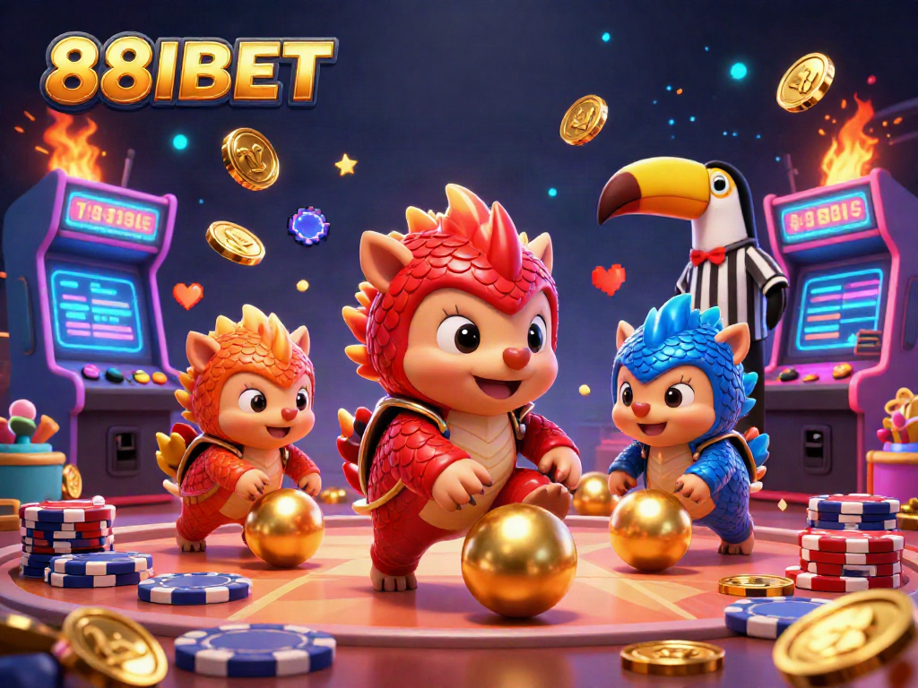 88IBET pangolins compete in a colorful casino scene filled with poker chips and arcade games.