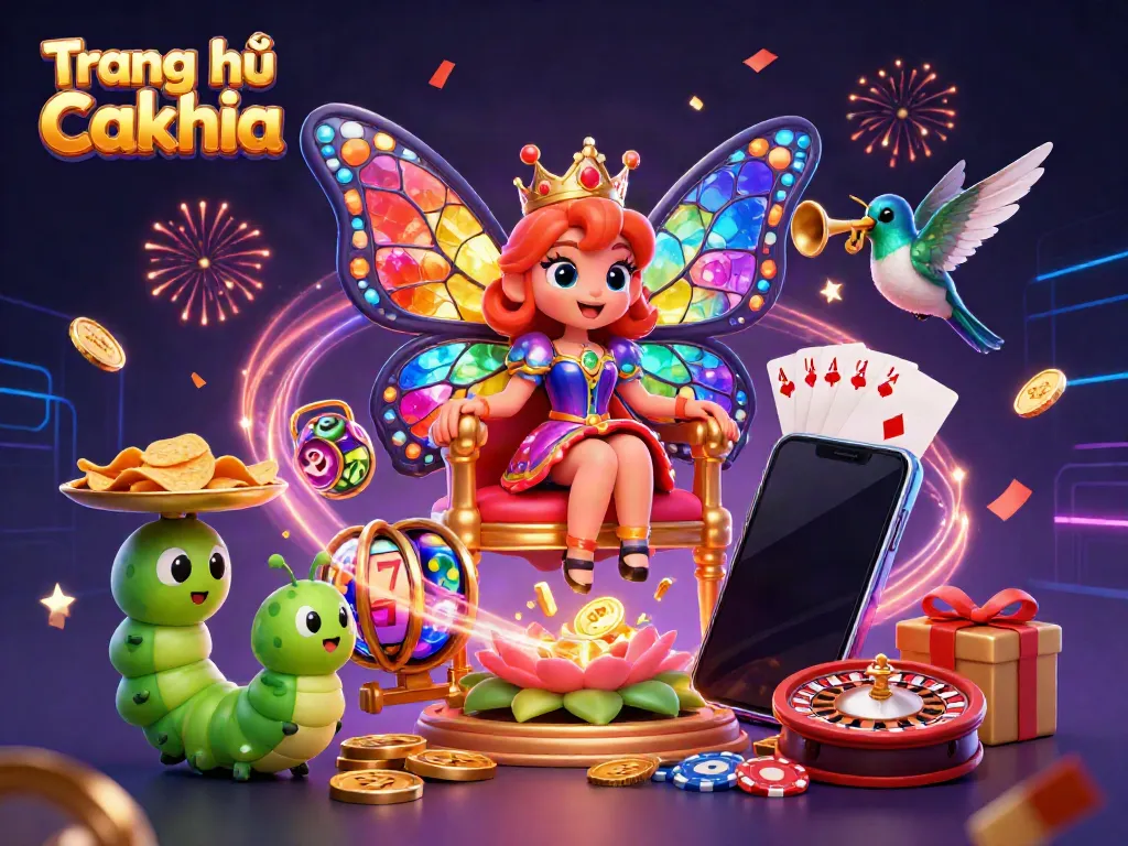 Engage with exciting slot action at Trang chủ Cakhia, showcasing a vibrant 3D butterfly queen and casino elements.