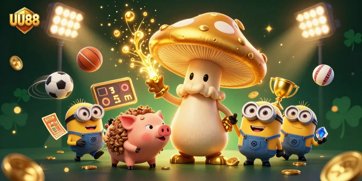 Bet on UU88 with a magical 3D scene filled with sports elements and treasures.