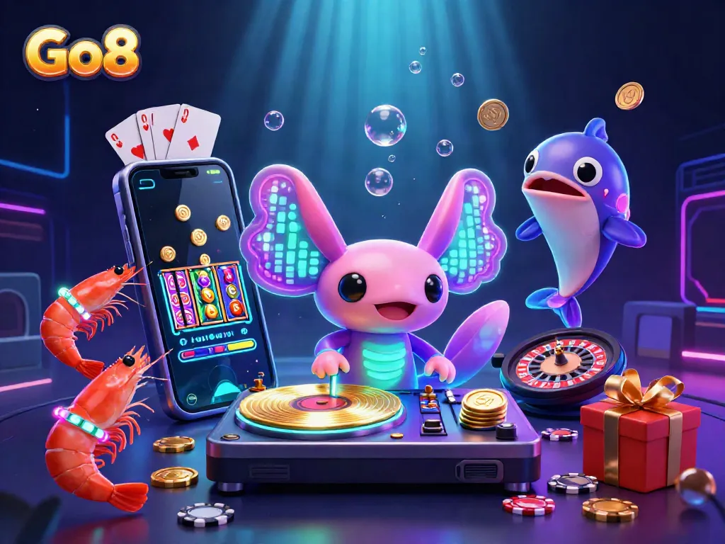 Go8 showcases a vibrant underwater casino scene with a DJ axolotl and lively shrimp, surrounded by glowing game elements.